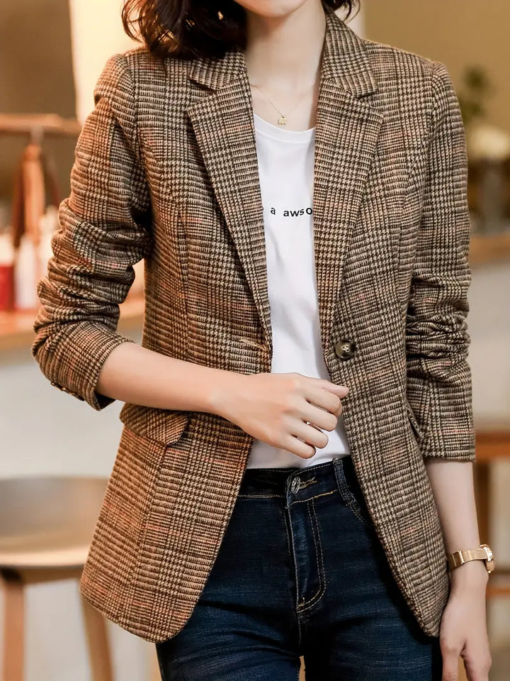 Rutigt Dam Blazer med En-Knappsstängning och Distinkt Lapel – Högkvalitativt Tyg för Elegant Stil 4