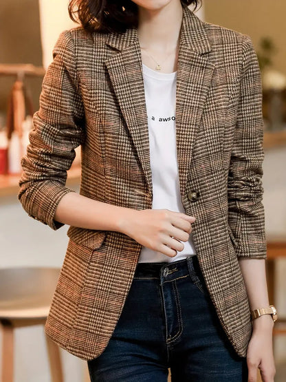 Rutigt Dam Blazer med En-Knappsstängning och Distinkt Lapel – Högkvalitativt Tyg för Elegant Stil 4