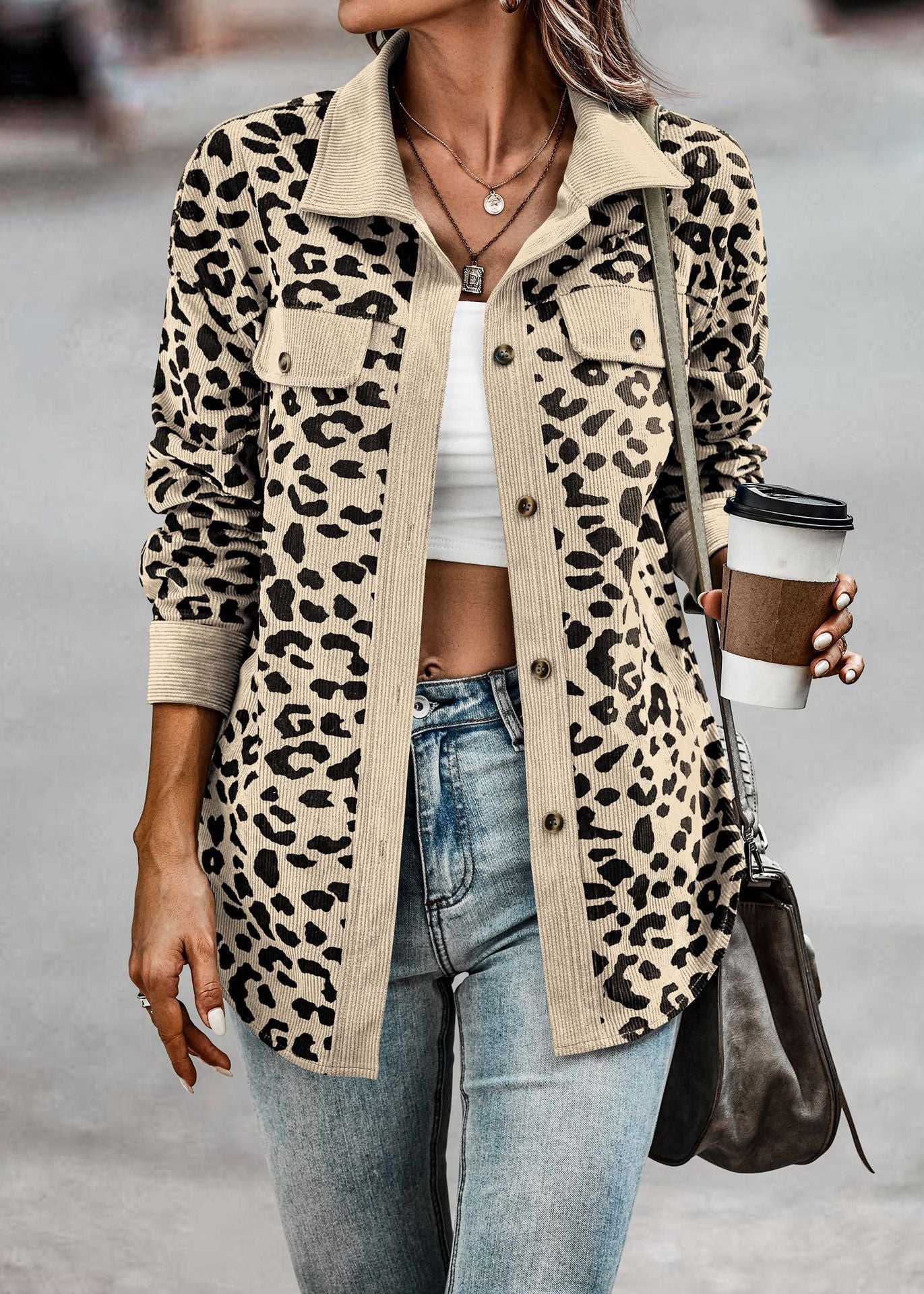 Variant image for Damjacka Skjortastil Leopardmönstrad Polyester-1