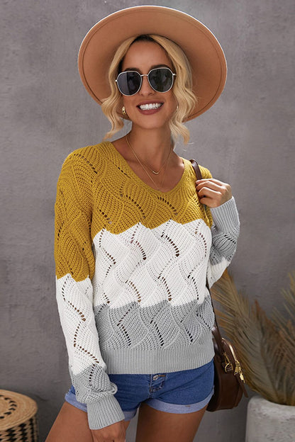 Dam V-ringad Topp Kontrastfärger Polyester 1