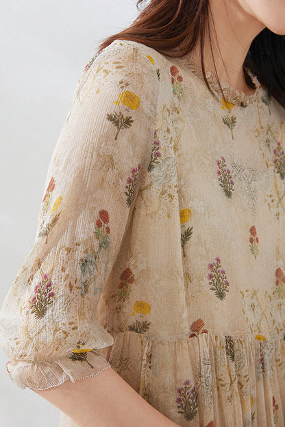 Kvinnoklänning Blommotiv Avslappnad Siden och Viskos 3