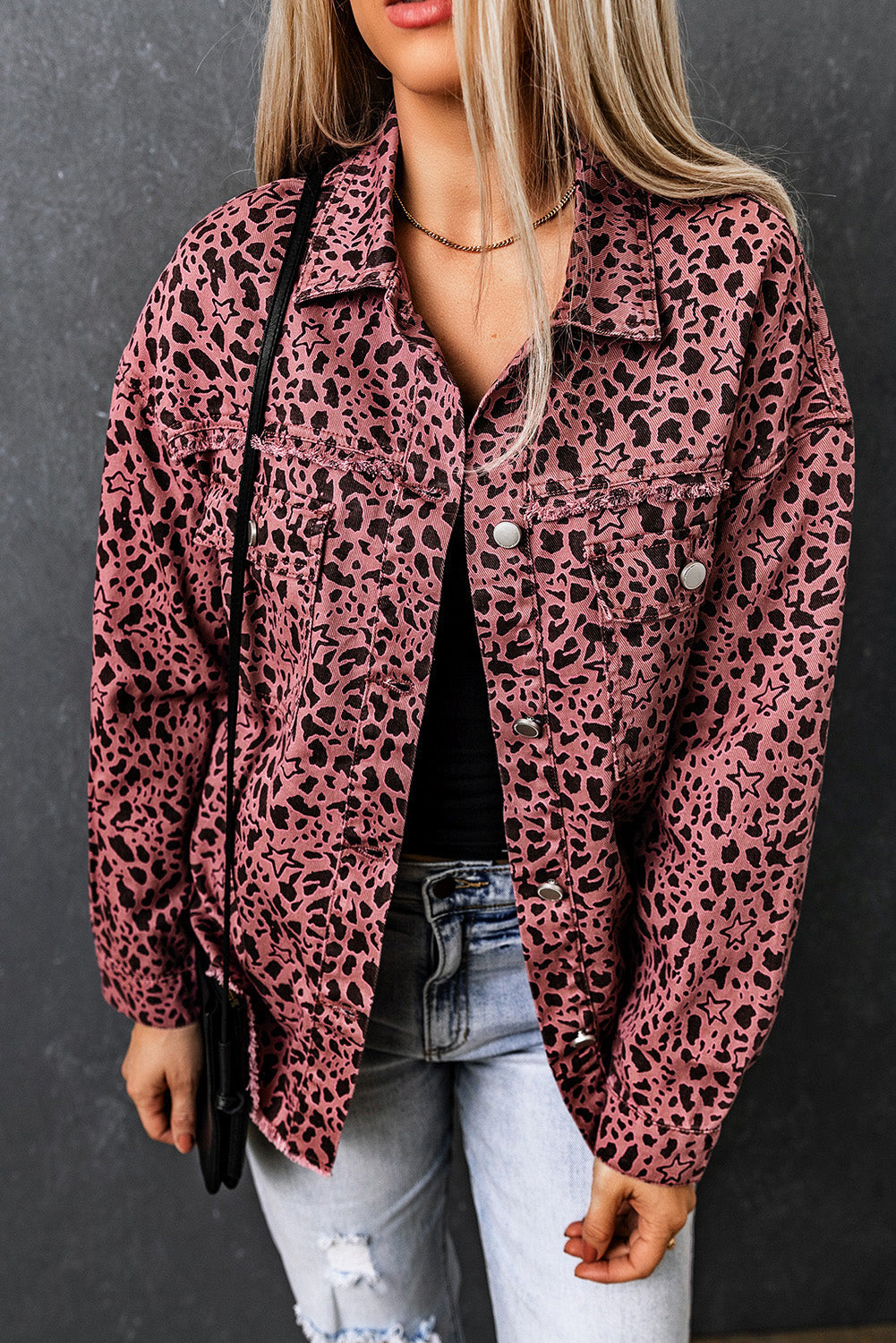 Jeansjacka Dam Leopardmönster Avslappnad Bomull-3