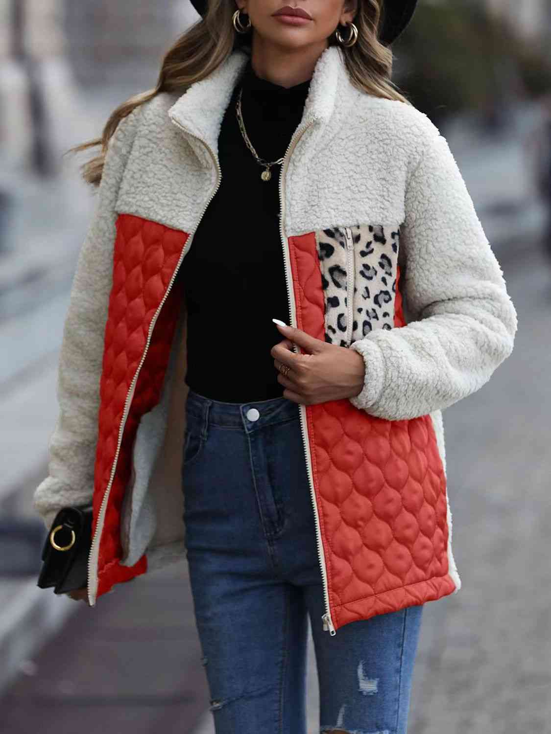 Variant image for Vårjacka Dam Färgblock Leopardmönster Polyester Zip Jacka-21