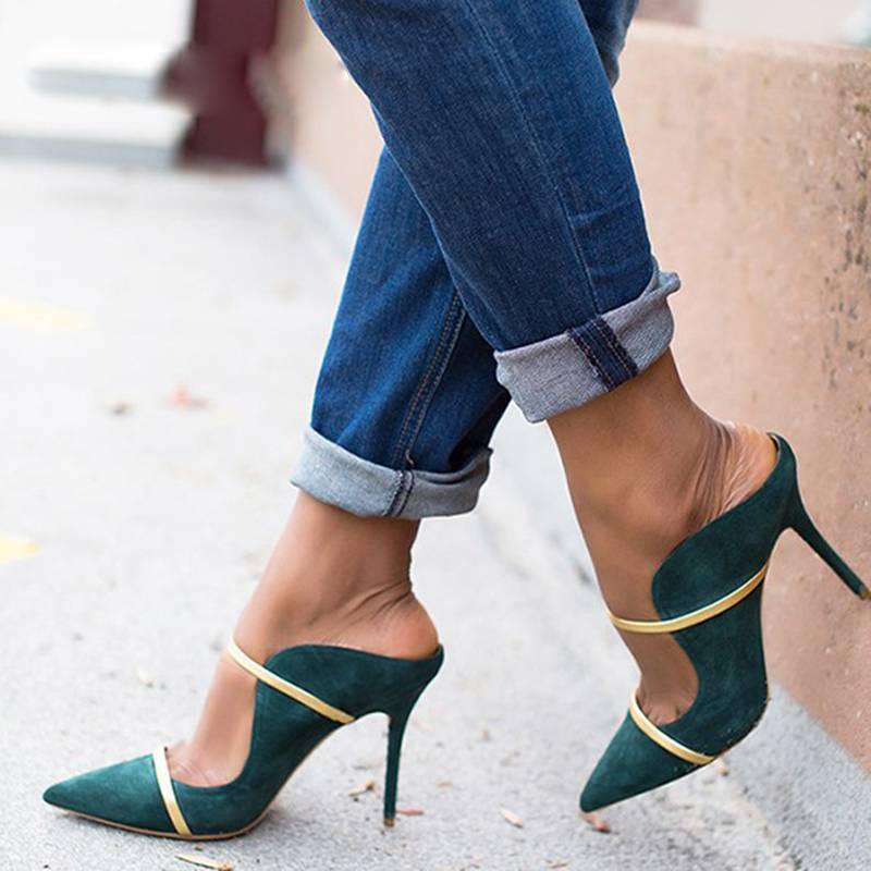 Dam Skor Skarpin Gyllene Flock 9 cm Häl-4