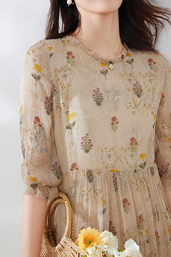 Kvinnoklänning Blommotiv Avslappnad Siden och Viskos 6