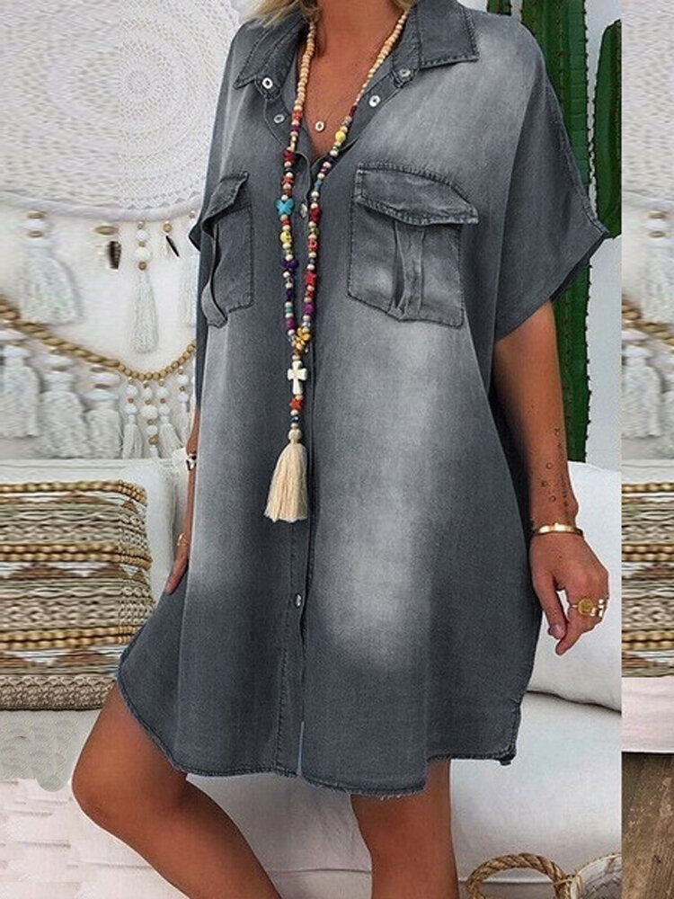 Kvinna Midi Klänning Löst Snitt Denim Kort Ärmar-1