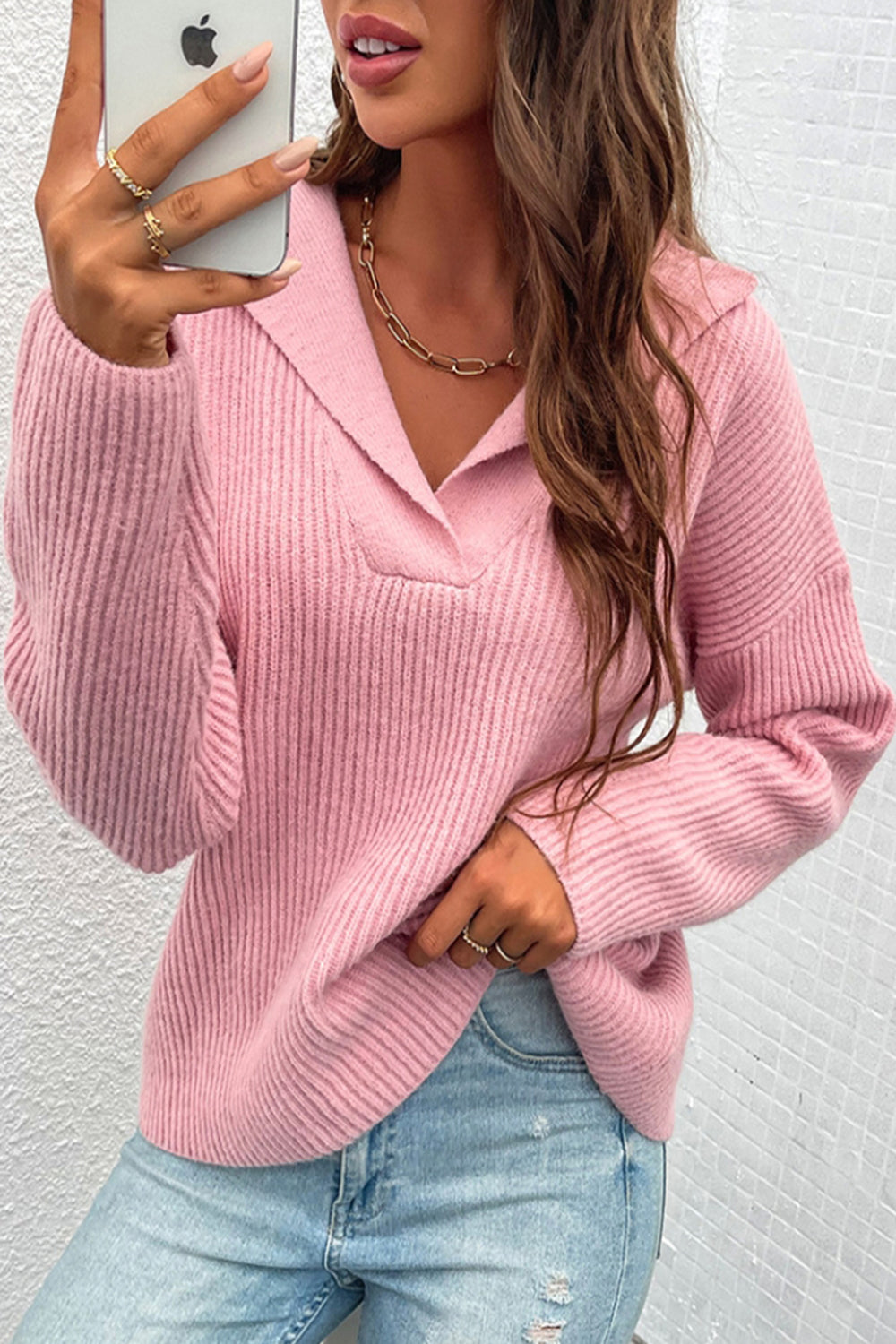 Dam Tjock Tröja med Reverskrage i Mjuk Akryl och Långa Ärmar-3