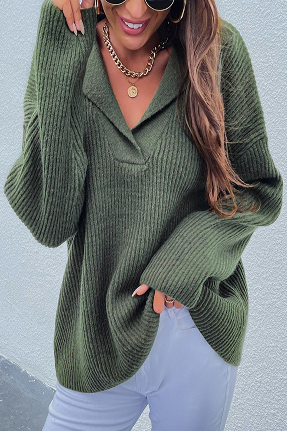 Dam Tjock Tröja med Reverskrage i Mjuk Akryl och Långa Ärmar-4