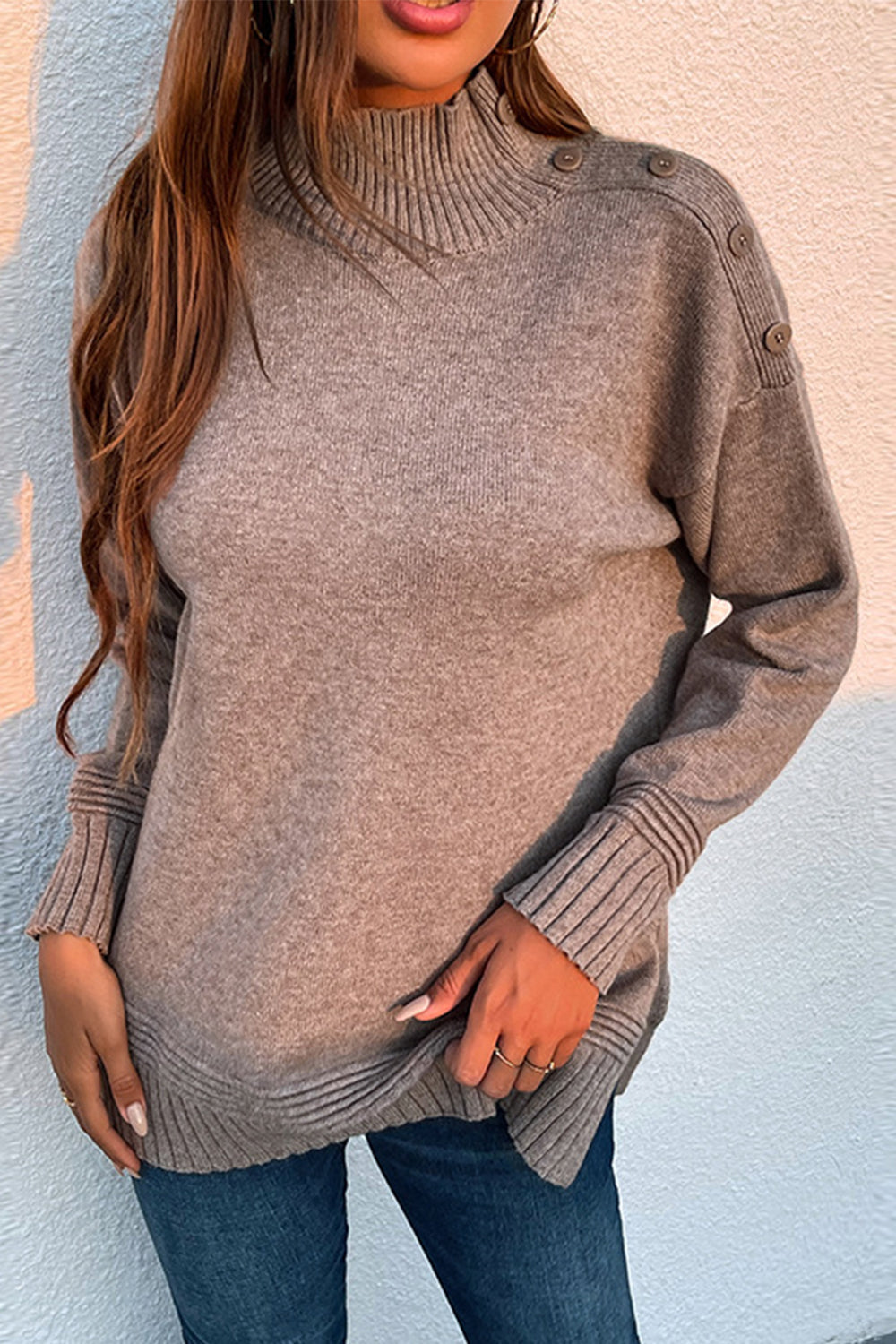 Stickad Dam Tröja Med Stativkrage Polyester Lång Ärmar 7