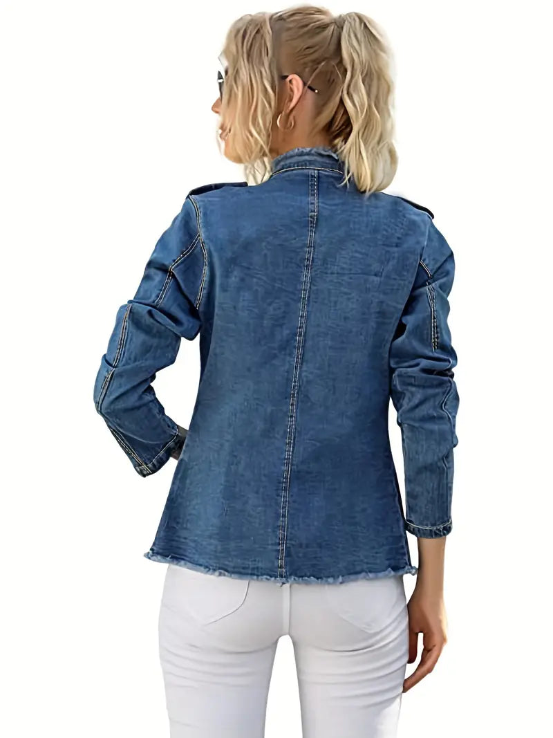 Dam Jeansjacka Rå Trim Denim Tidlös Stil 4