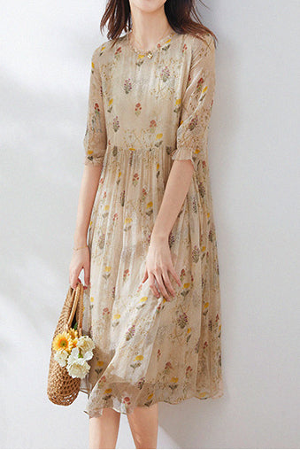 Kvinnoklänning Blommotiv Avslappnad Siden och Viskos 7