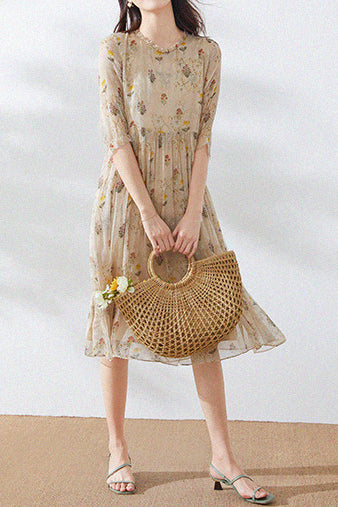 Kvinnoklänning Blommotiv Avslappnad Siden och Viskos 5