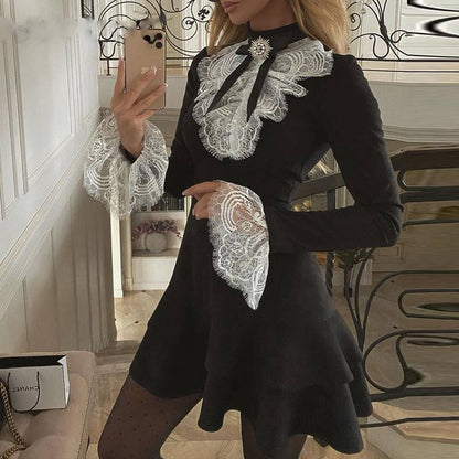 Dam Miniklänning A-linje O-krage i Bomull med Spetsdetaljer-2