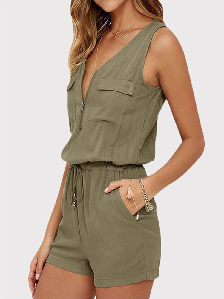 Kvinnors V-ringad Ärmlös Jumpsuit med Elastisk Midja – Chic och Bekväm för Varma Dagar, Finns i Flera Färger 2