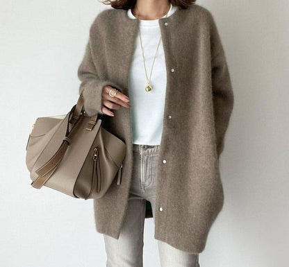 Dam Lång Kofta Cardigan i Kaffe Färg Högkvalitativt Material-3