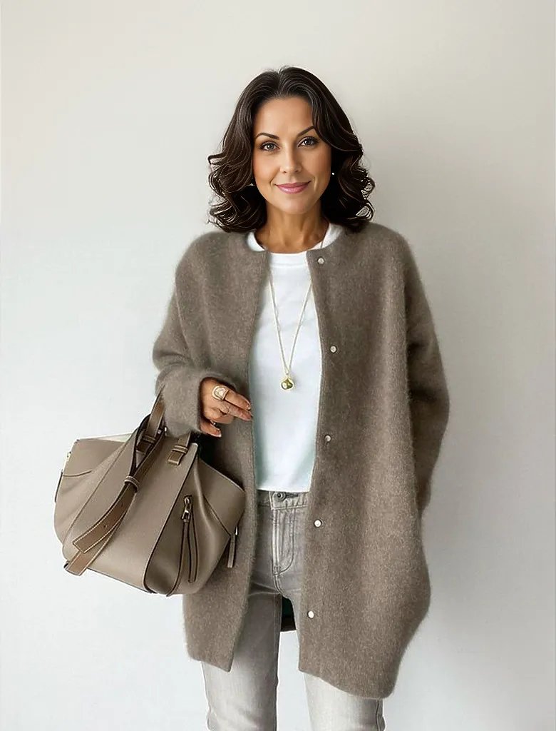 Dam Lång Kofta Cardigan i Kaffe Färg Högkvalitativt Material-2