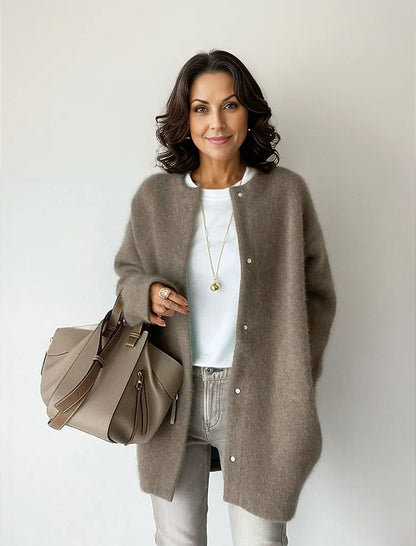 Dam Lång Kofta Cardigan i Kaffe Färg Högkvalitativt Material-2