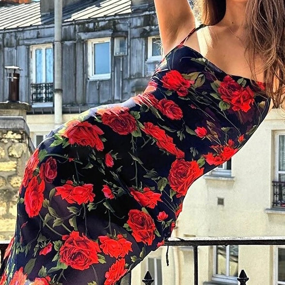 Dam Blomklänning Spaghettiremmar Polyester Kroppsnära Silhuett-3