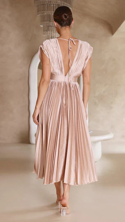 Dam Midi Klänning Rynkade Detaljer Tidlös Stil Elegant Första Klassens Tyg-3