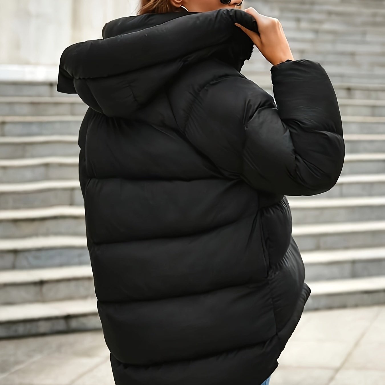 Dam Lång Vinterjacka Monokrom Mjuk Blandningstyg med Dragkedja-2