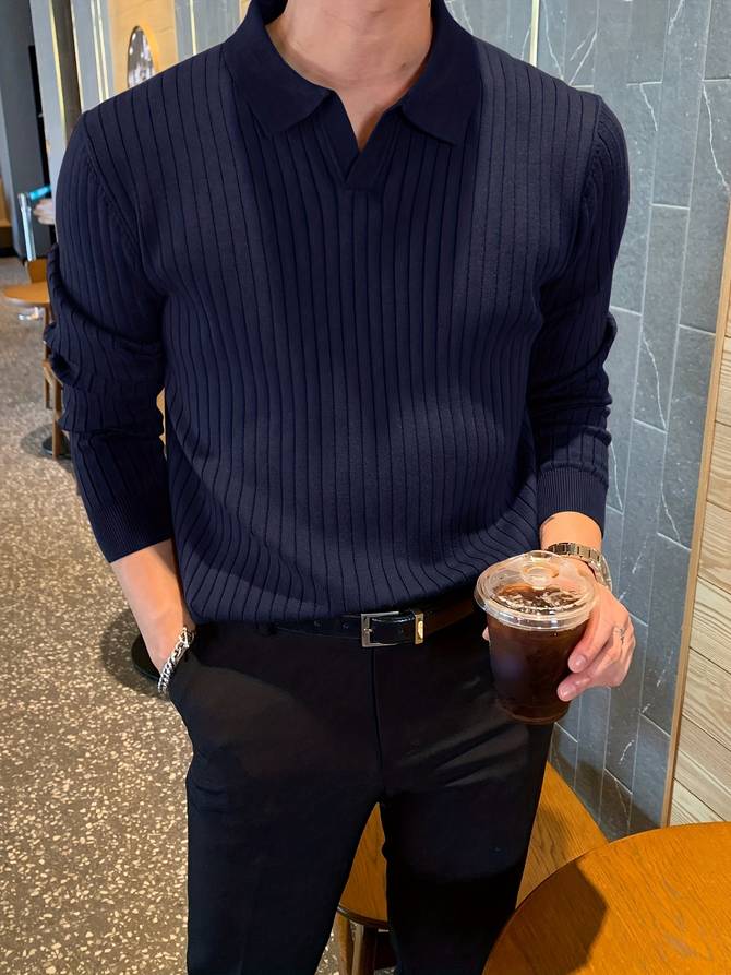 Herr Polo Skjorta Långärmad Avslappnad 100% Bomull-6