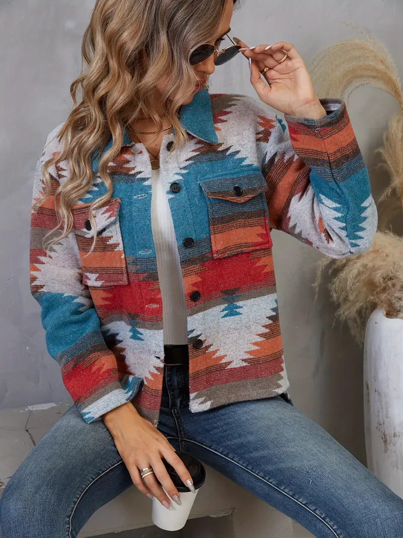 Dam Bomullsjacka Retro Aztec Mönster Bred Passform-6