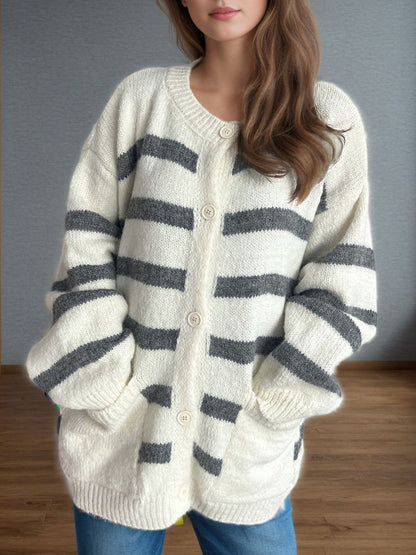 Kvinnor Randig Knäppkardigan Mjuk Tygblandning-1