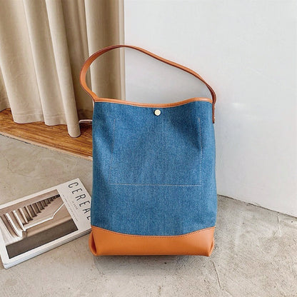 Handväska Dam i Denim med Lapptäckesdesign och Syntetiskt Läder-5