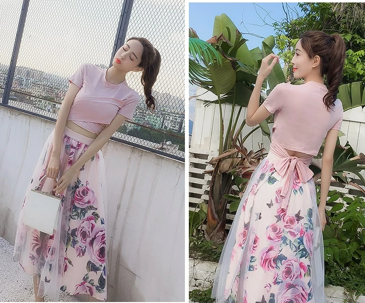 Kvinnors Midi Set Crop-Top Rosmönstrad Bomull Polyester 3