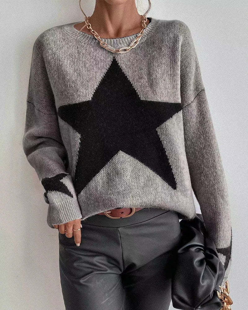 Dam Stickad Tröja med Stjärntryck i Mjuk Akryl-3