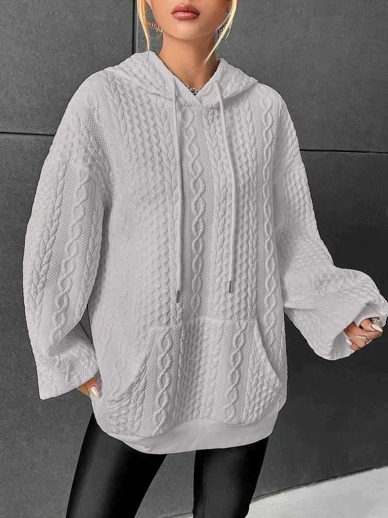 Dam Hoodie Överdimensionerad Kabelmönster 100% Bomull-5