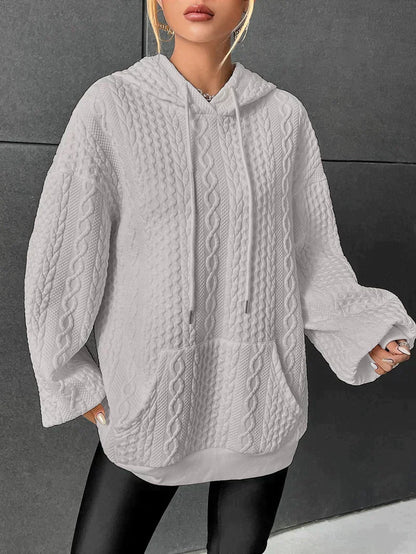 Dam Hoodie Överdimensionerad Kabelmönster 100% Bomull-5