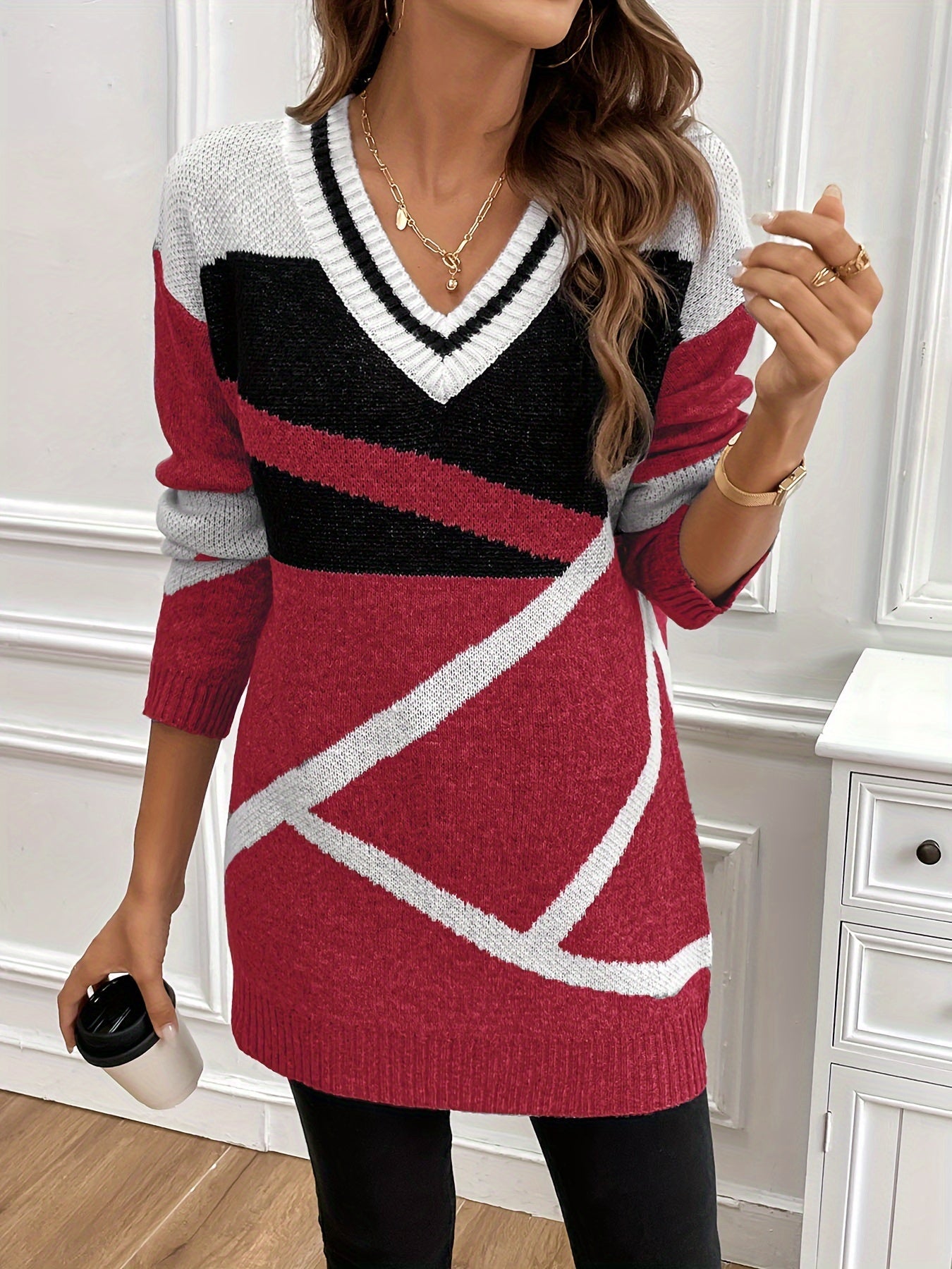 Variant image for Kvinnors V-hals Tröja Geometriskt Mönster Mjukt Stickat Material-11