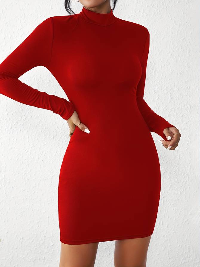 Dam Klänning Bodycon Turtleneck Stretchig Polyester-2