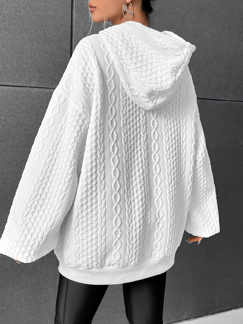 Dam Hoodie Överdimensionerad Kabelmönster 100% Bomull-2