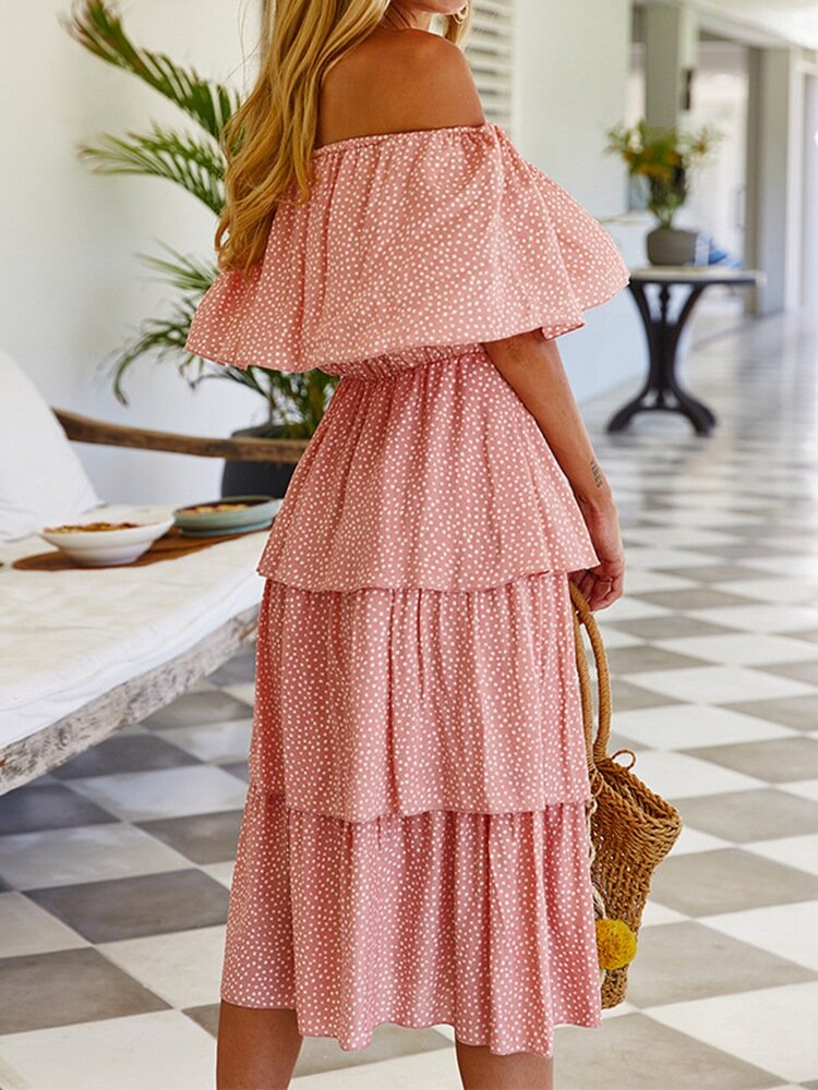 Kvinnors Midi Klänning Kortärmad Prickmönster Polyester-3