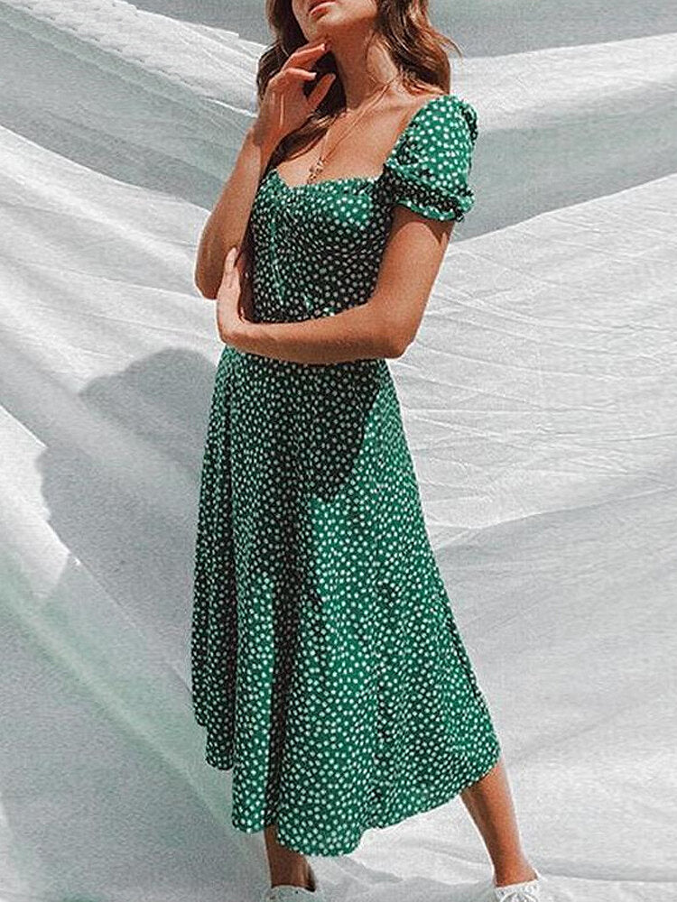 Damklänning Kortärmad Blommönster Polyester Fyrkantig Halsringning-4