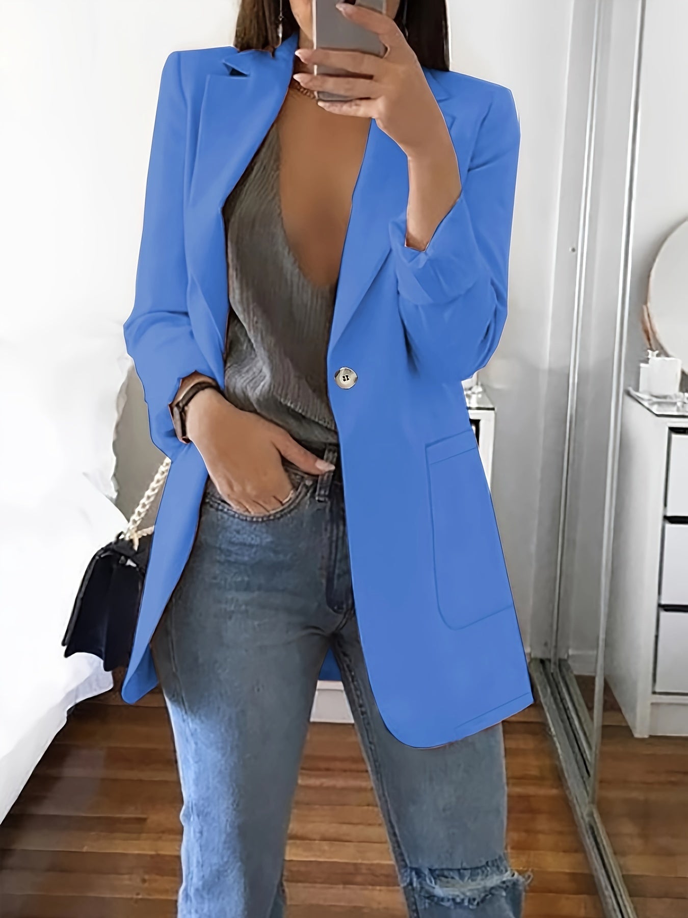 Dam Blazer Lång Stilren Design Högkvalitativt Tyg-5