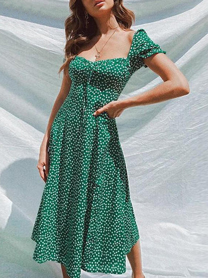 Damklänning Kortärmad Blommönster Polyester Fyrkantig Halsringning-3