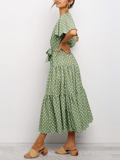 Kvinnors Midi Klänning V-hals Blommönster Polyester-3