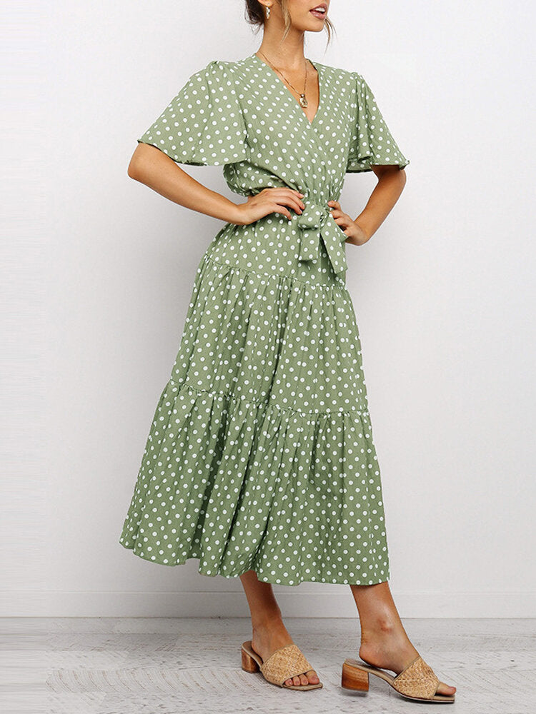 Kvinnors Midi Klänning V-hals Blommönster Polyester-2