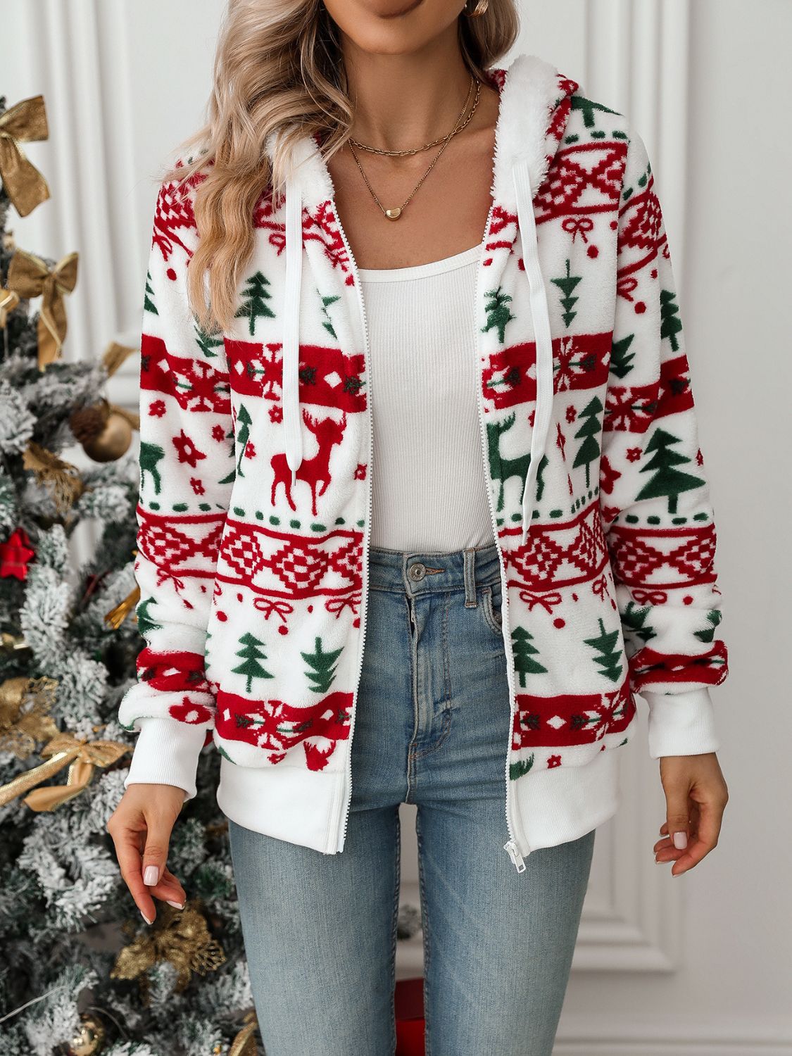 Kvinnors Zip-up Hoodie Festligt Motiv Andningsbart Tyg-4