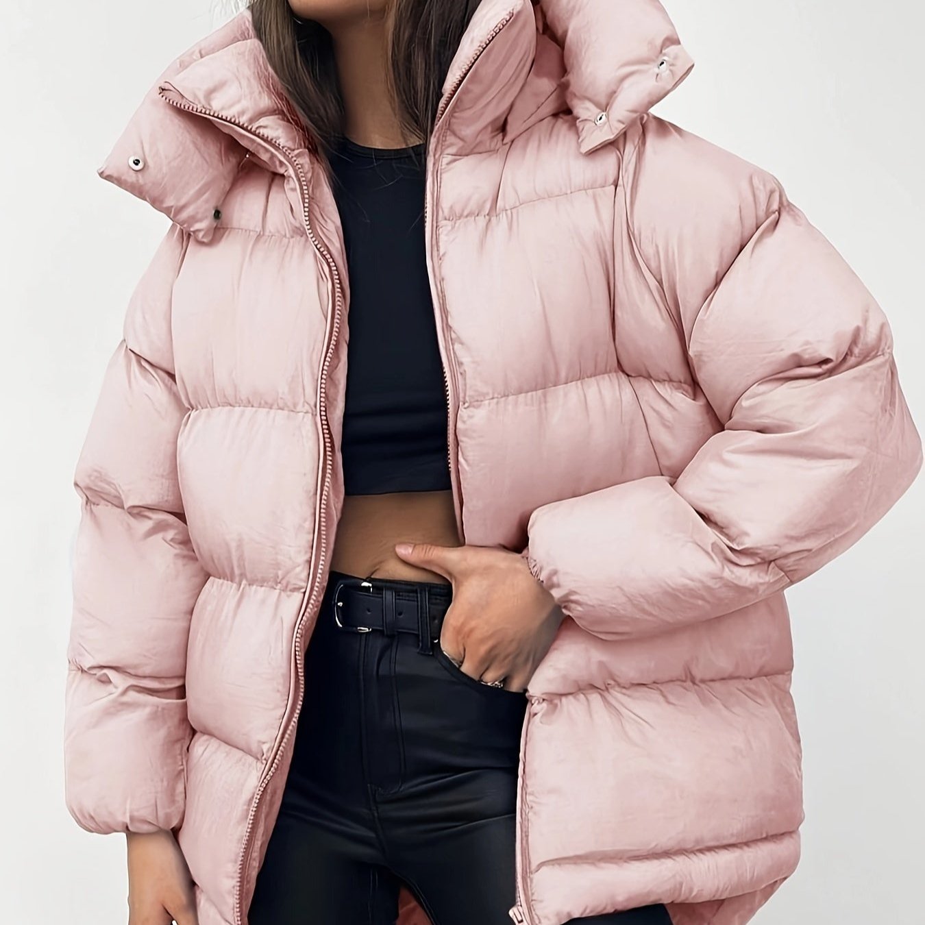 Variant image for Dam Lång Vinterjacka Monokrom Mjuk Blandningstyg med Dragkedja-9