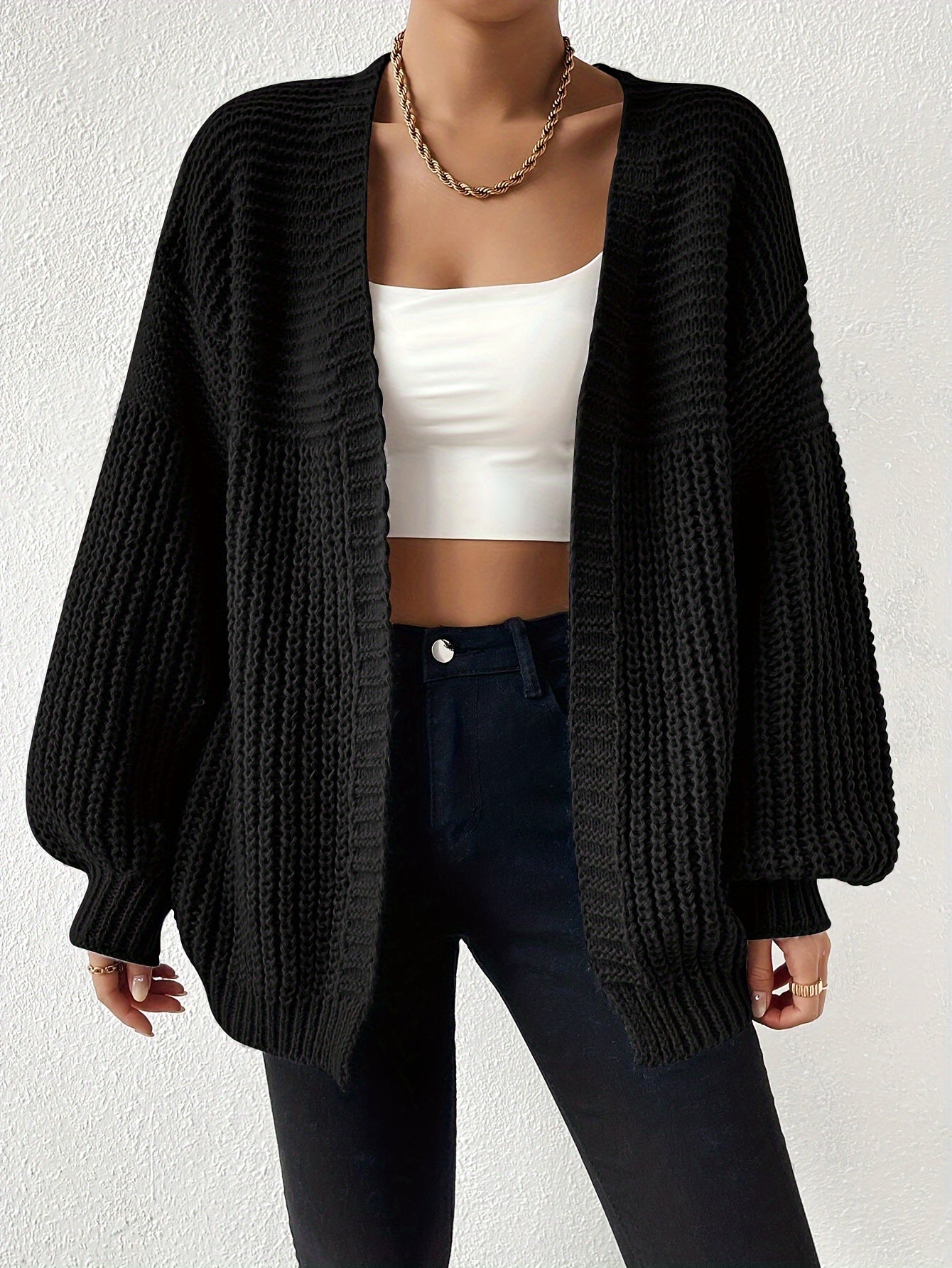 Lång Kofta Dam Grovt Stickad Drop-Shoulder Mjuk Akrylblandning-6