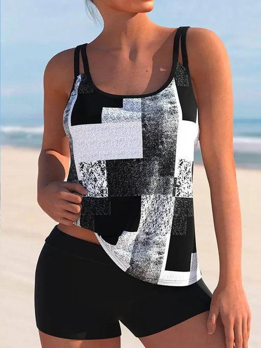 Dam Tankini Geometriskt Mönster Dubbelbärare Polyester-1