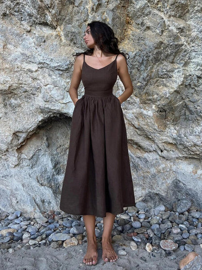 Dam Strandklänning Vintage Linne Elegant Flytande Silhuett-6