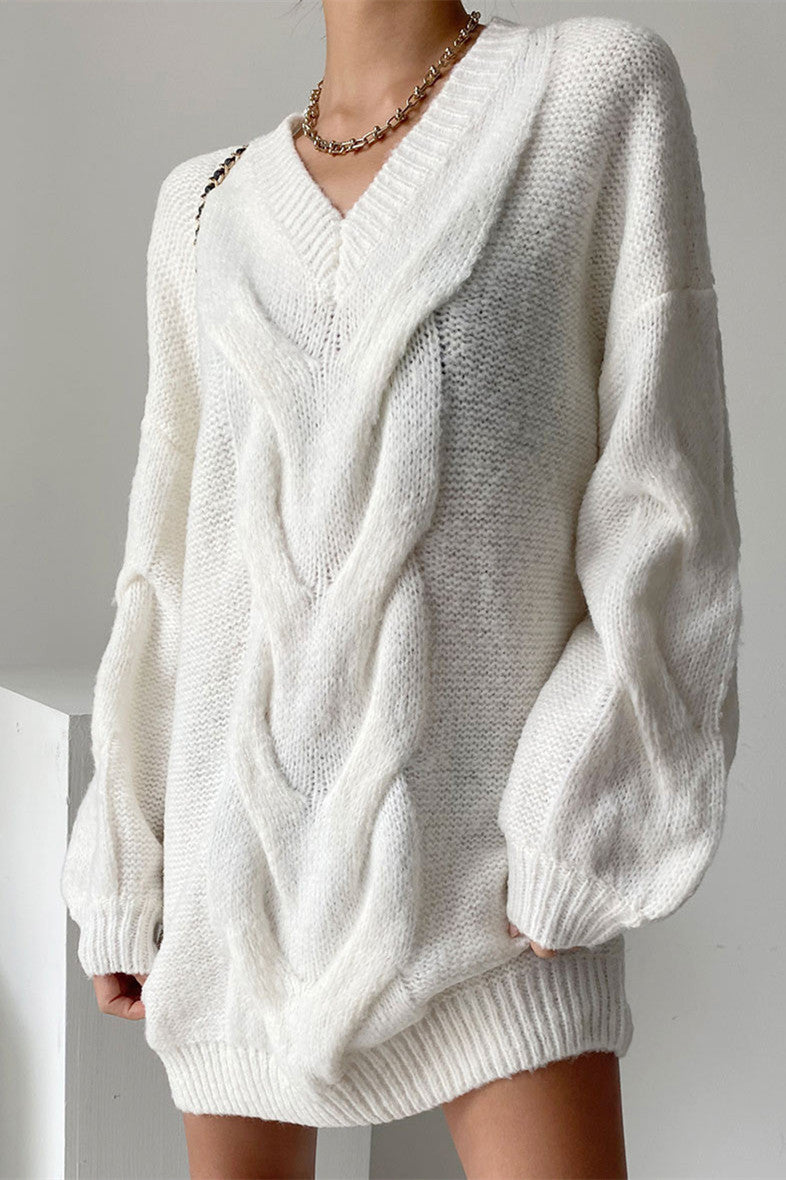 Damklänning V-ringad Mini med Lykta Ärmar i Stickad Design 7