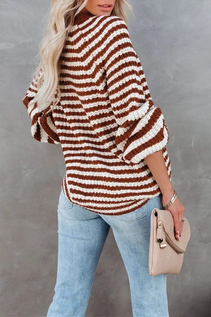 Kvinna Lång Kofta V-hals Randig Polyester Cardigan-5