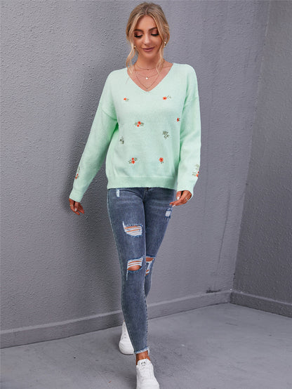 Dam Tröja V-ringad Broderad Polyester Överdimensionerad-6