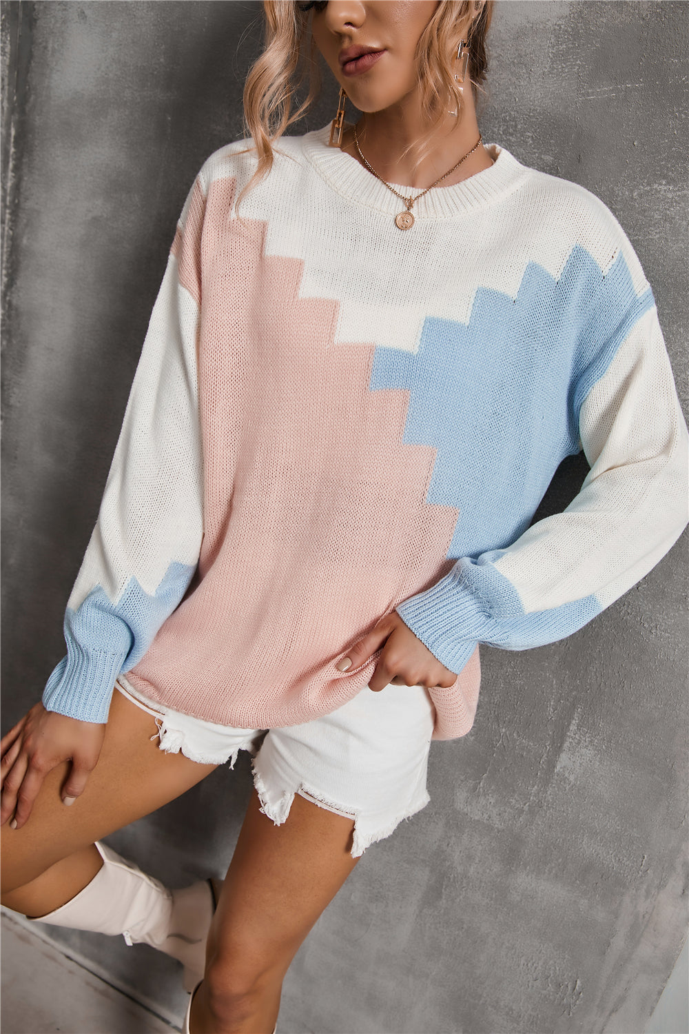 Stickad Dam Tröja Rundad Design Polyester, Avslappnad Passform-4